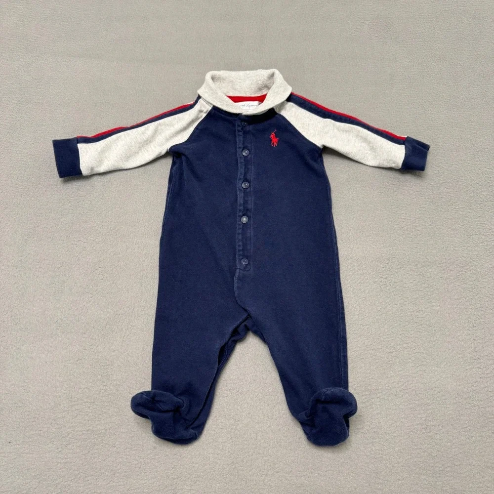 Ralph Lauren Footed Coverall Baby 3M Navy Blue Cotton Raglan Pony Logo Romper